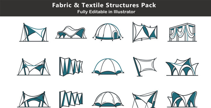 Fabric architecture vector icons set, tensile structures, membrane roofs, inflatable shelters, cable systems, draped facades, lightweight pavilion design CAD