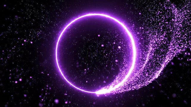 Vibrant purple light ring with bursting particle effect on black.