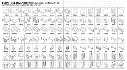 Isometric furniture inventory schematic interior spatial planning guide © S.Siam
