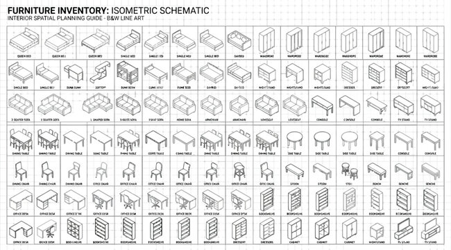 Isometric furniture inventory schematic interior spatial planning guide