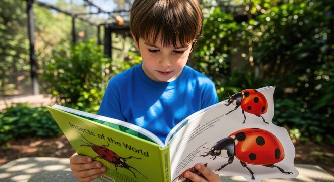 A young boy engrossed in reading a book about ladybugs