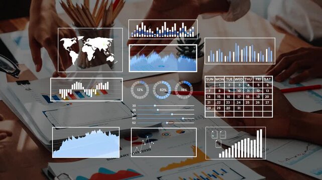 Hands Collaborating Over Data Insights with Graphs, Charts and World Map for Business Analysis and Strategy Planning in Modern Office Environment Gluon.