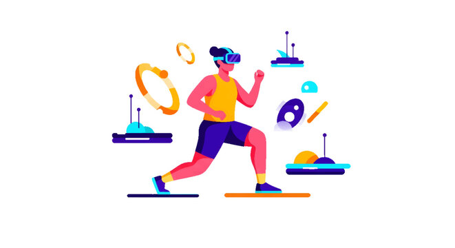 Person wearing VR headset exercising in a virtual reality fitness game with futuristic elements and glowing rings