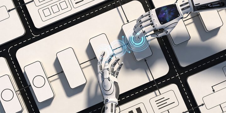 Robotic hands managing AI workflow routing diagram with blank process blocks, arrows, road map layout, blue signal rings, clean copy space for business automation header