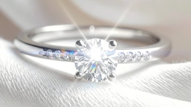 Elegant silver ring with a sparkling gemstone on a soft, white fabric surface