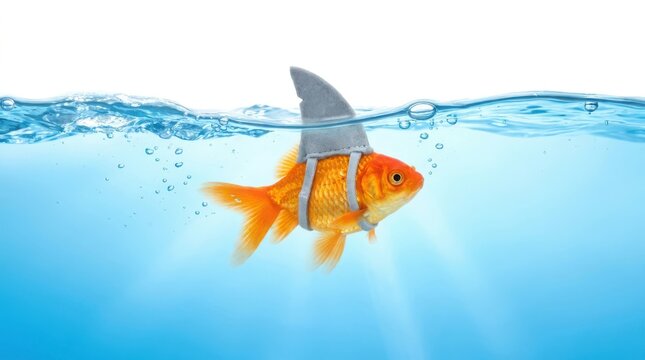 Funny goldfish with attached shark fin swimming in clear blue water representing ambitious behavior.