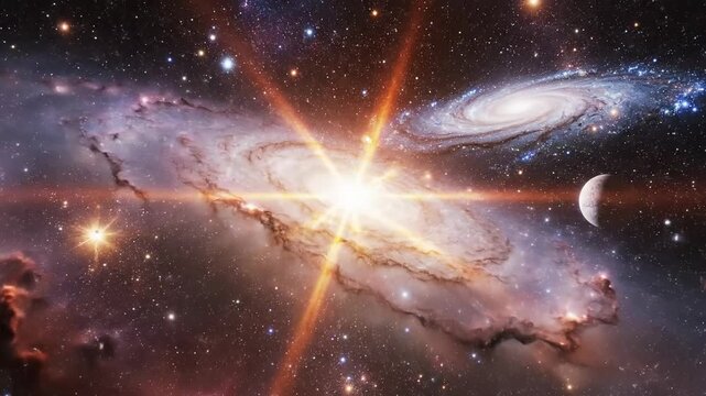 Dark planet orbits a massive exploding star in deep space, featuring swirling nebula gases and glowing galaxy spirals, ideal for science visuals.
