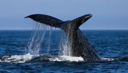 Fototapeta premium Large gray whale tail fluke rising out of the deep blue ocean water with water droplets falling down during a whale watching excursion in the open sea on a sunny day