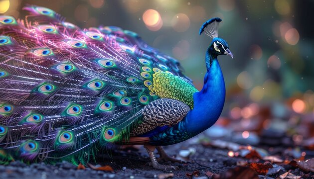 Stunning peacock flaunts vibrant iridescent plumage in a tranquil setting
