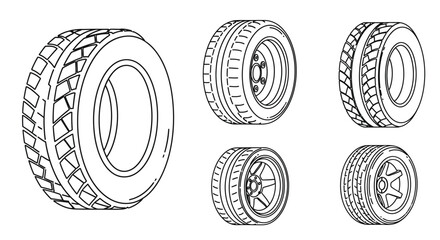 Line art illustration of five car tires in various perspectives © Kawsar_Studio1998