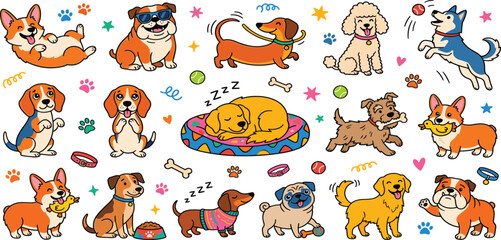 Fototapeta premium Cute dog breeds stickers set featuring puppy dogs playing sleeping jumping and wearing accessories vector illustration collection