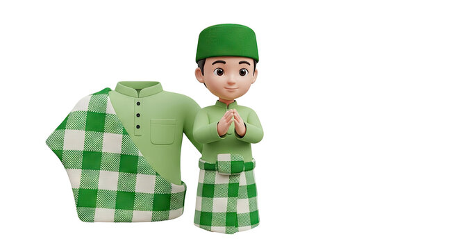 3D Cartoon Boy in Traditional Muslim Attire with Matching Outfit