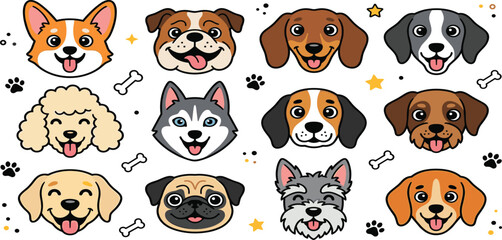 Cute dog face icons collection with various breeds including corgi bulldog poodle husky and pug vector illustration © MST HASMOTARA