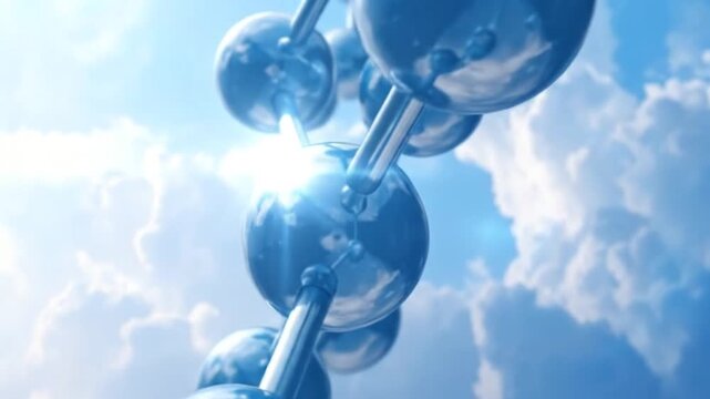 Abstract molecular structure with blue spheres and sky background. Science