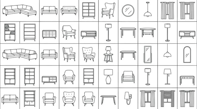 Set of furniture icons for floor plan, top view of interior design elements