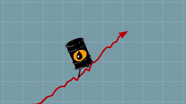 Barrel of oil equivalent rate still goes up seamless loop. Walking up petroleum fuel symbol animation. Cartoon character animated rising fast. Funny business animation background diagram.
