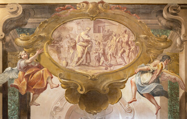 Obraz premium CREMA, ITALY - MARCH 20, 2026: The fresco of Samuel Anointing of David the church Santuario di Santa Maria della Croce by brothers Giuseppe and Giovanni Antonio Torricell from year 1762