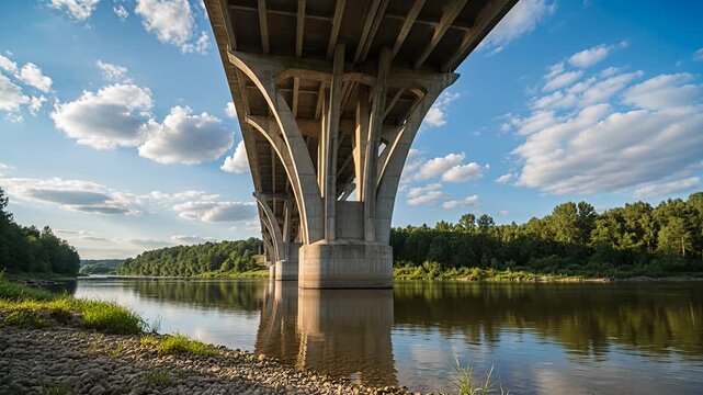 bridge over river under blue sky with clouds and trees landscape