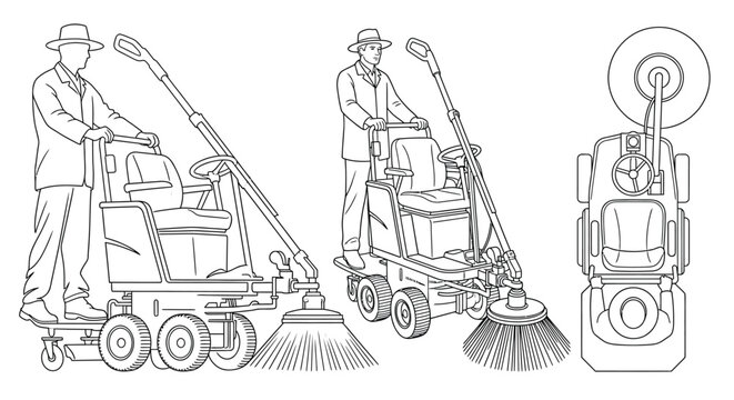 street sweeper vehicles and operators line drawing illustration