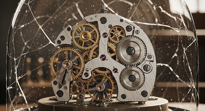 Close-up of a detailed clock mechanism, showcasing intricate gears and components under a shattered glass dome