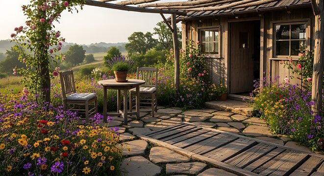 Charming rustic cabin with a stone patio, wooden walkway, and vibrant wildflowers in a serene garden setting.
