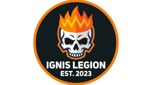 Skull mascot with fire crown, representing the Ignis Legion, established in 2023, perfect for gaming or e-sports teams and brands