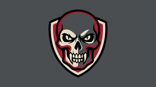 Stylized aggressive skull mascot logo with sharp fangs and menacing red eyes, an intimidating emblem ideal for sports, gaming, and impactful graphic design