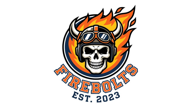 Firebolts Skull Mascot Logo with Flames and Vintage Goggles, Established 2023
