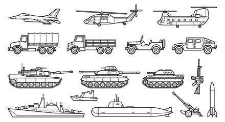 Military vehicles and equipment line drawing on a white background © SERINA AKTHER