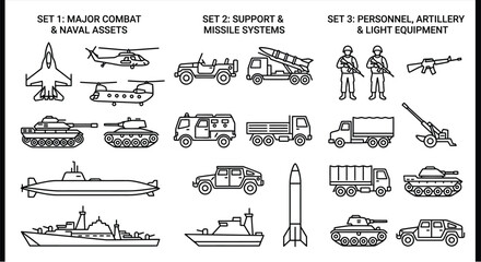 military vehicles and equipment line drawing set on white background © SERINA AKTHER
