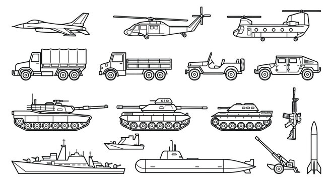 Military vehicles and equipment line drawing on a white background