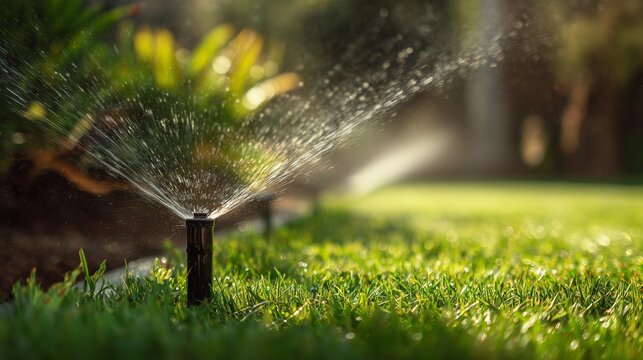 Automatic sprinkler system watering fresh green lawn with sprinkler head spraying water droplets over healthy turf and garden border.