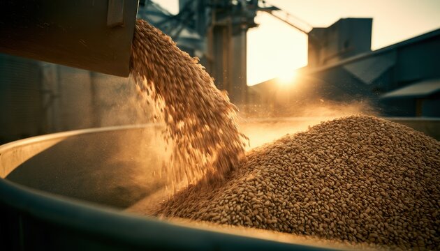 Golden wheat grains pouring from a metal chute into a large storage container at a grain elevator facility during a bright sunset with warm backlighting and dust particles