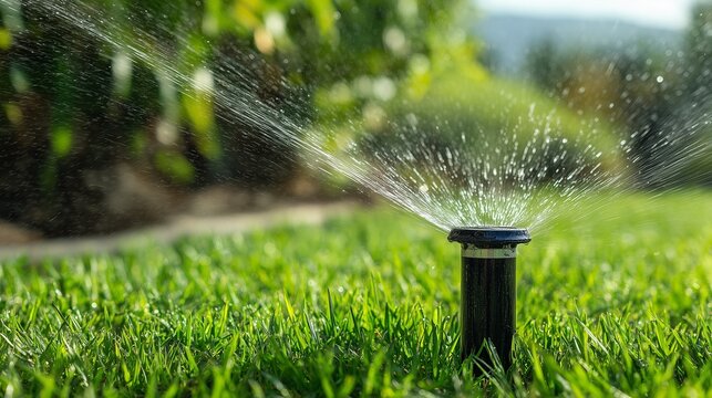 Automatic sprinkler system watering fresh green lawn with pop-up sprinkler head spraying fine mist, lawn irrigation and garden water conservation.