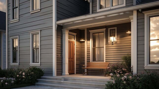 New siding installation result showing a finished house facade with horizontal siding, porch, steps, windows and evening lighting conveying quality curb appeal.