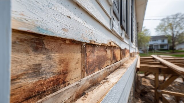 Exterior siding with moisture damage, rot and peeling near window on a house wall indicating need for siding repair and moisture remediation.
