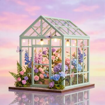 A miniature greenhouse with colorful flowers and flying butterflies sits on a platform surrounded by soft clouds