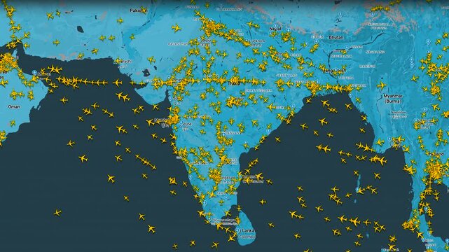 Air traffic map with commercial flights over India and South Asia, aviation tracking interface displaying crowded aerial transportation routes