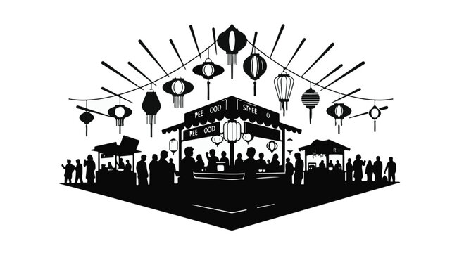 Vibrant night market scene with glowing lanterns and bustling crowd