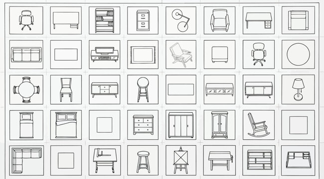 Set of furniture icons for interior design floor plans, top view