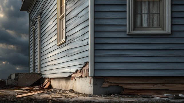Worn blue siding on a house corner with damaged panel, exposed sheathing and foundation, implying siding replacement and facade maintenance need.