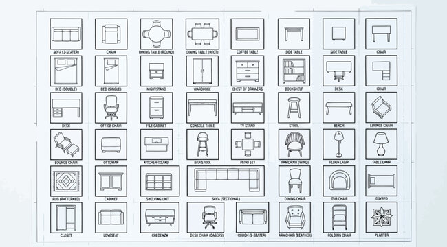 Furniture icons set for interior design floor plans, top view