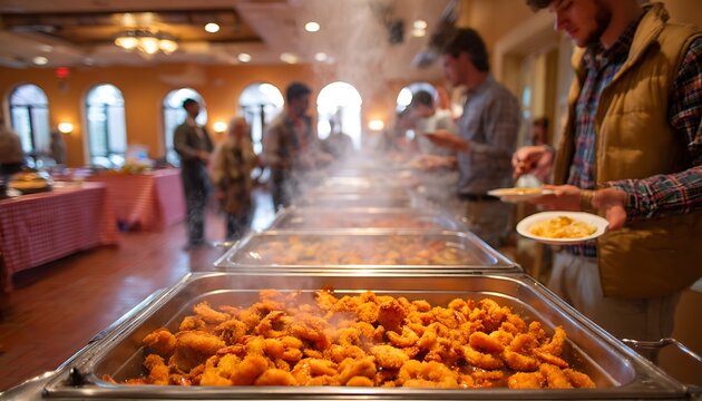 People serving themselves food from a steaming buffet line with various dishes in chafing dishes at a catered event or restaurant