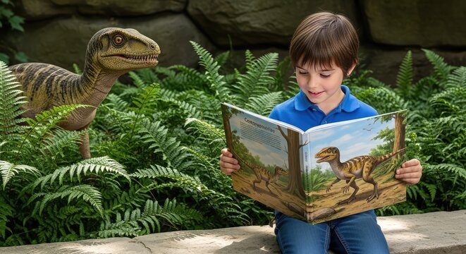 Young Boy Reading Dinosaur Book Beside Realistic Raptor in Lush Fern Garden