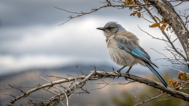 Solitary Gray Blue Bird Sitting on Bare Branch in Cold Overcast Nature Scene