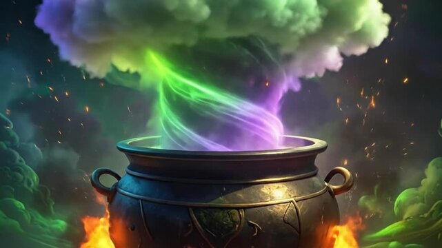 A glowing cauldron with colorful smoke rising above a burning fire pit