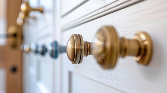 Elegant Cabinet Knobs in a Blurred Focus on a Light Wooden Door with Decorative Molding and Subtle Textures