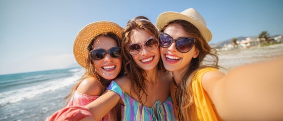 Obraz premium The three women taking a joyful beach selfie on a bright summer day
