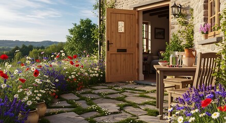 Fototapeta premium Charming stone cottage with an open door leading to a vibrant flower garden and a patio set, overlooking picturesque rolling hills under a clear sky.