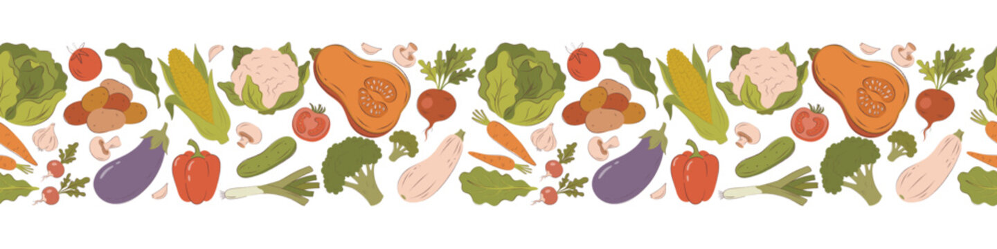 Horizontal seamless border featuring a variety of organic vegetables including pumpkin, eggplant, corn and cauliflower in a flat naive style. Hand-drawn vegetable frame with textured outlines 